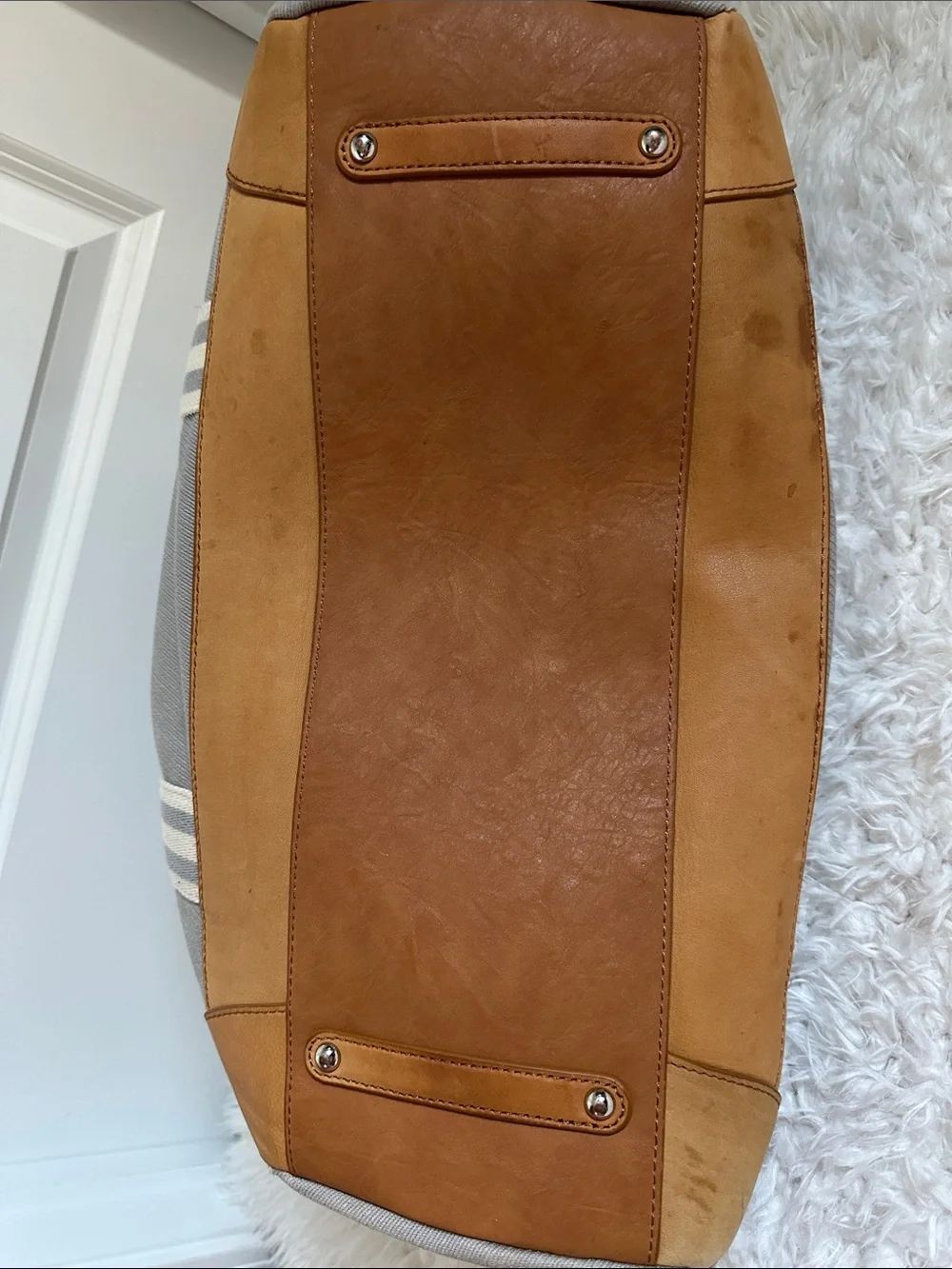 Pottery Barn Kids Monogram Canvas Diaper Bag in Gray with Striped Handles